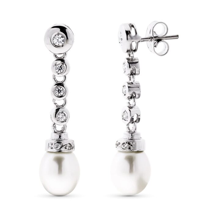 18K PENDIENTES ORO BLANCO LARGO PERLA CIULTIVADA 8 MM Y CIRCONITA TOTAL 30X7 MM CIERRE PRESION
