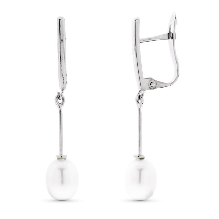 18K PENDIENTES ORO BLANCO CON PERLA 30X5 MM CIERRE CATALAN