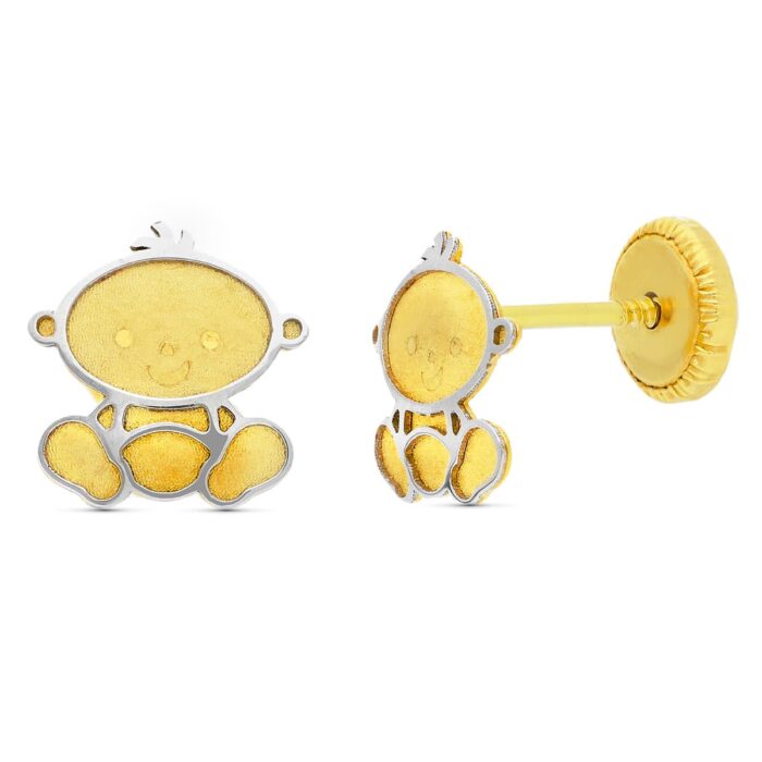 18K PENDIENTES ORO BICOLOR NIÑO LASER. 7X7 MM CIERRE TUERCA