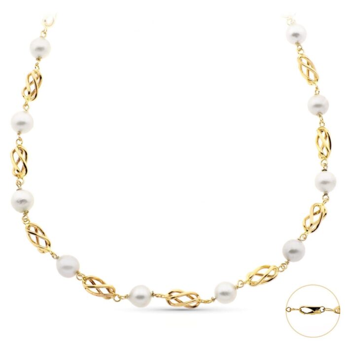 18K GARGANTILLA ORO AMARILLO CON PERLA DE 8.5 MM Y JAULAS DE ORO. LONGITUD 50CM