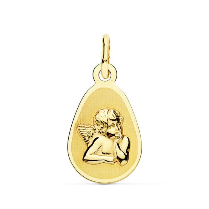 Medalla rectangular de oro amarillo 18k con bordes redondeados y relieve del ángel burlón 17x10 mm