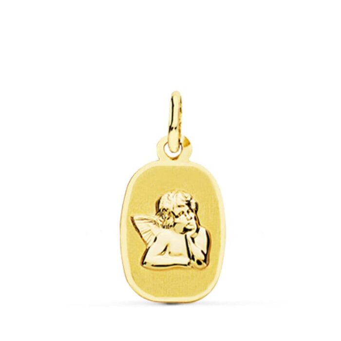 Medalla pequeña vertical de 17x10 mm en oro amarillo de 18 quilates con relieve del ángel burlón