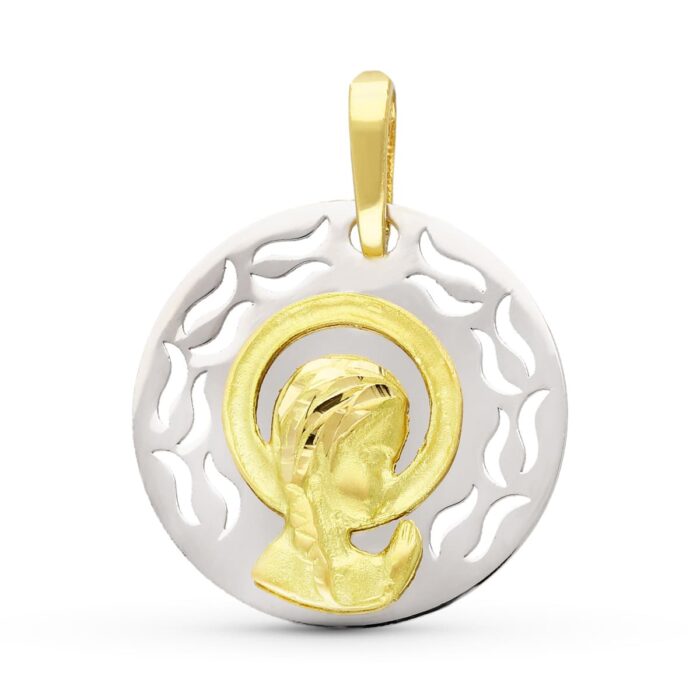 18K MEDALLA ORO AMARILLO ORO BICOLOR VIRGEN NIÑA 17 MM