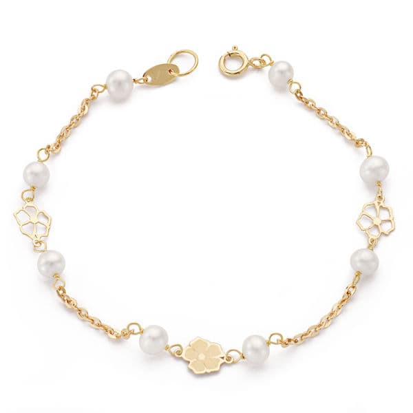 18K PULSERA ORO AMARILLO COMUNION PERLA CULTIVADA  4-4.5 MM 17CM