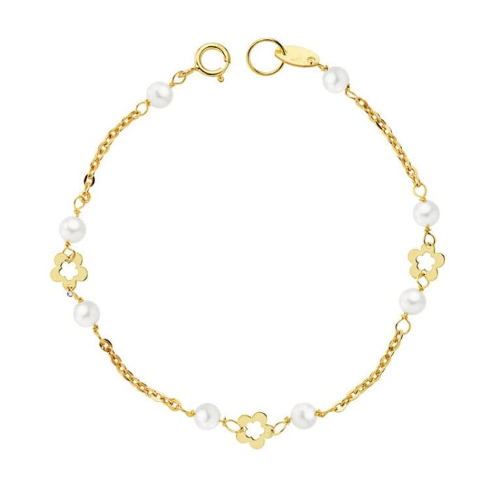 18K PULSERA ORO AMARILLO PERLAS 3,5 MM Y FLORES 12CM
