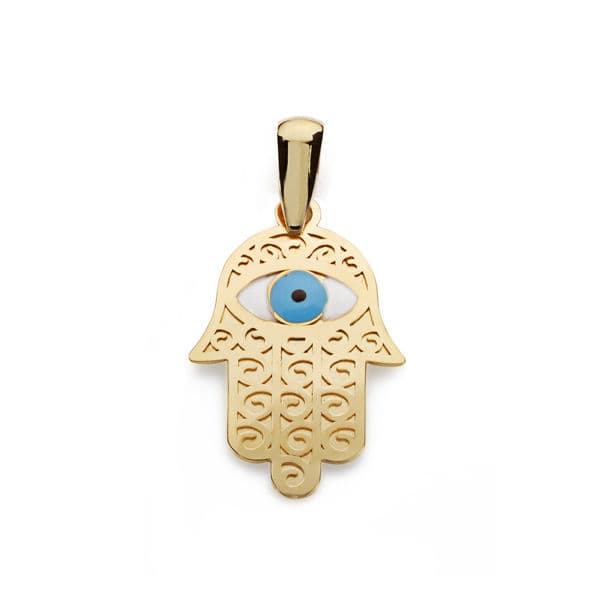 18K COLGANTE ORO AMARILLO MANO FATIMA Y OJO TURCO 19X13 MM