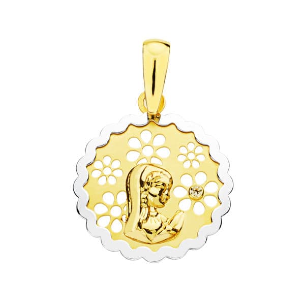 18K MEDALLA ORO BICOLOR VIRGEN NIÑA  CIRCONITA 15 MM