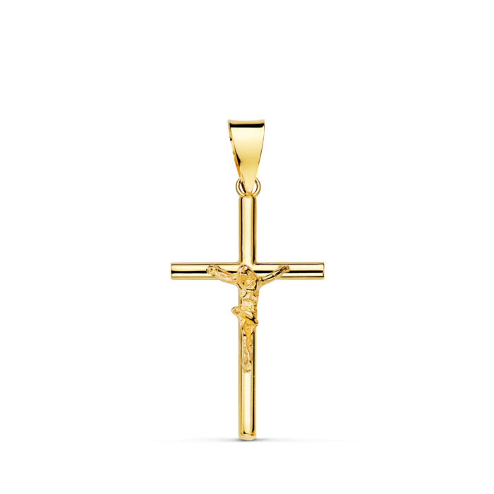 18K CRUZ ORO AMARILLO CON CRISTO TUBO HUECO 21 X 13 X 3 MM
