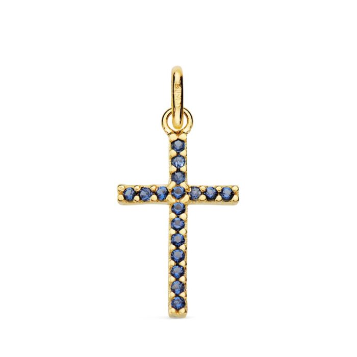 18K CRUZ ORO AMARILLO CON CIRCONITAS AZULES. MEDIDA: 18X10 MM