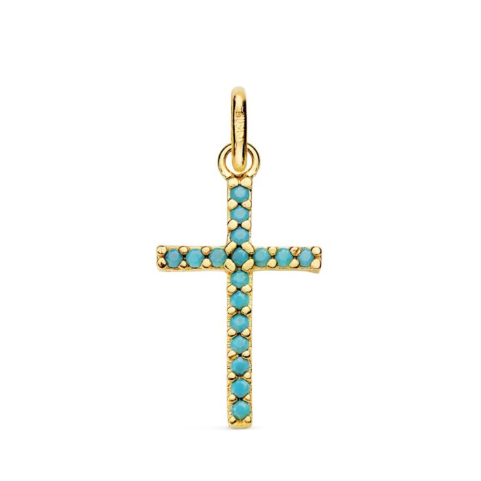 18K CRUZ ORO AMARILLO PIEDRAS TURQUESAS 16X10 MM
