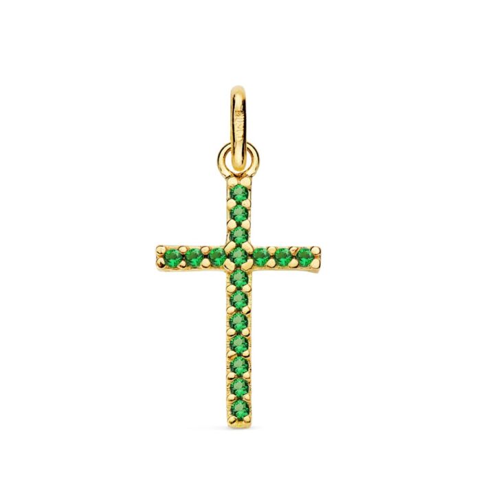 18K CRUZ ORO AMARILLO CON CIRCONITAS VERDES. MEDIDA: 18X10 MM