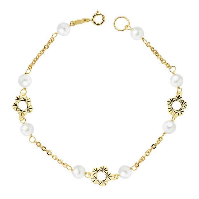 18K PULSERA ORO AMARILLO FLOR Y PERLAS 5 MM 18CM