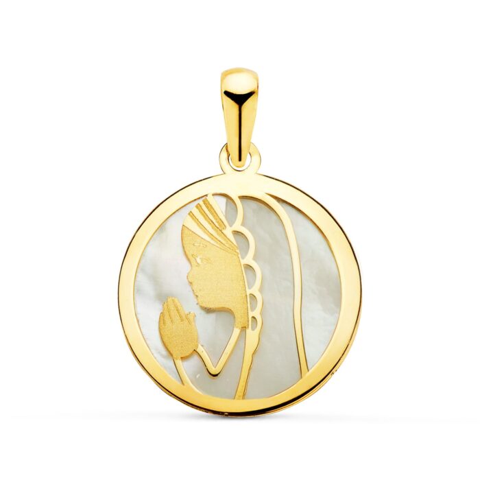 18K MEDALLA ORO AMARILLO VIRGEN NIÑA NACAR REDONDA 17 MM