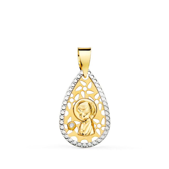 18K MEDALLA ORO AMARILLO ORO BICOLOR VIRGEN NIÑA CALADA BORDES TALLADOS 19X12 MM