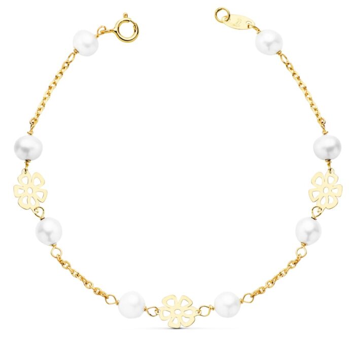 18K PULSERA ORO AMARILLO COMUNION FLORES CALADAS 17CM