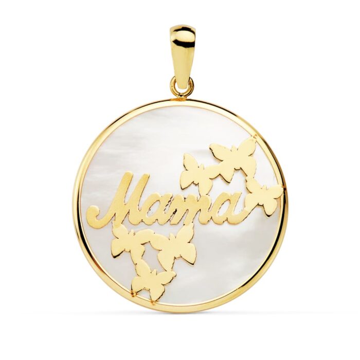 18K COLGANTE ORO AMARILLO MAMA NACAR MARIPOSAS 20 MM