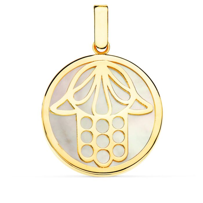 18K COLGANTE ORO AMARILLO NACAR MANO DE FATIMA 20 MM