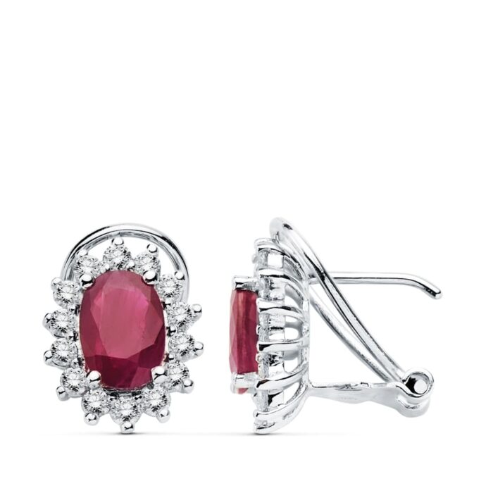 18K PENDIENTES ORO AMARILLO DIAMANTES DE LABORATORIO Y RUBI NATURAL 7X5 MM 1,76QT 0,580QT VS-2 G. 11,5X9,5 MM CIERRE OMEGA