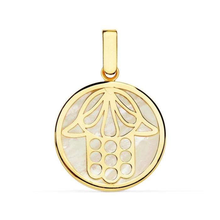 18K COLGANTE ORO AMARILLO NACAR MANO DE FATIMA 18 MM