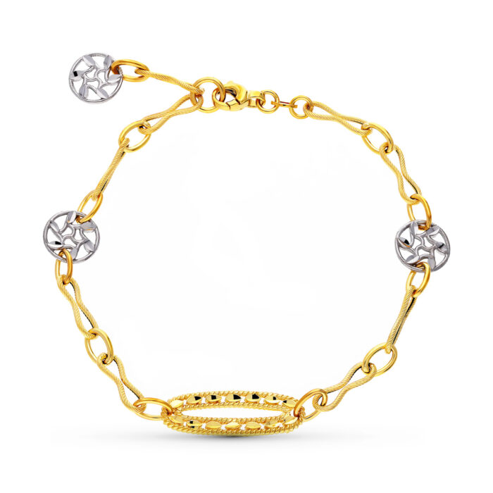 18k PULSERA ORO BICOLOR MOTIVOS Y HOJAS