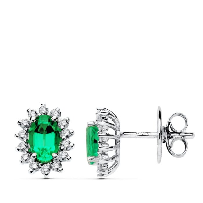 18K PENDIENTES ORO BLANCO 28 DIAMANTES DE LABORATORIO Y ESMERALDA RECRISTALIZADA 6X4 MM 0,78 QTS 0,28 QTS. VS2-G CIERRE PRESION 9,5X8 MM