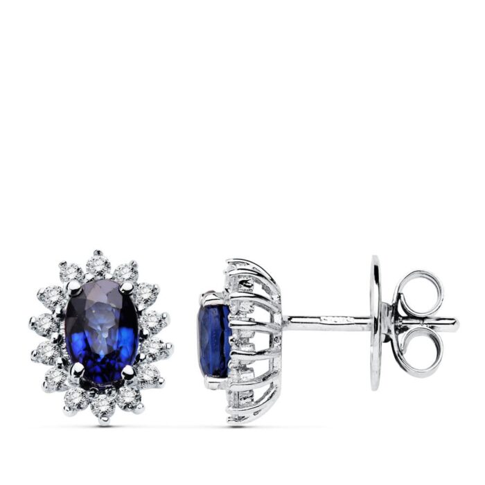 18K PENDIENTES ORO BLANCO 28 DIAMANTES LABORATORIO Y ZAFIRO DIFUSION 6X4 MM 1,24 QT. 0,28 QTS. VS2-G CIERRE PRESION 9,5X8 MM