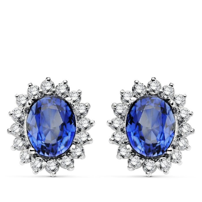 18K PENDIENTES O.BLANCO ZAFIRO DIFUSION 9X7 MM 4,94 QTS. 32 DIAMANTES LABORATORIO VS2-G 1,12 QTS. CIERRE OMEGA 14X12,5 MM