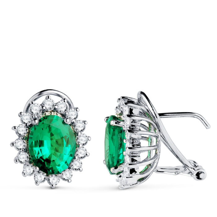 18K PENDIENTES ORO BLANCO 32 DIAMANTES DE LABORATORIO Y ESMERALDA RECRISTALIZADA  9X7 MM 3,62 QTS 1,12 QTS. VS2-G. CIERRE OMEGA 14X12 MM