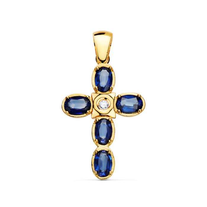 18K CRUZ ORO AMARILLO DIAMANTE LABORATORIO 0,045 QTS. VS2-G ZAFIROS DIFUSION 6X4 MM 3,10 QTS. VS2-G 28X19 MM