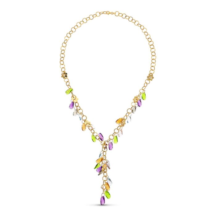 18K GARGANTILLA ORO AMARILLO FLORES Y PIEDRAS COLORES