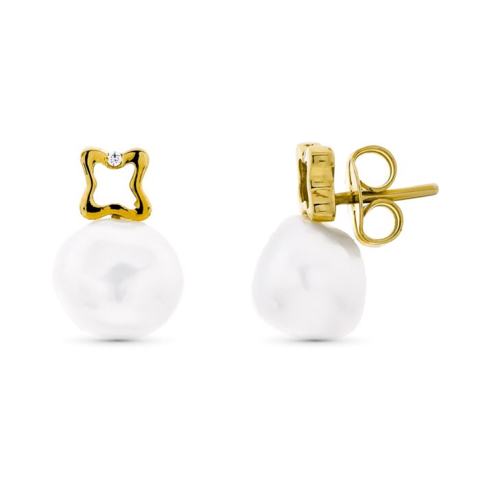 18K PENDIENTES ORO AMARILLO MOTIVO TREBOL CON PERLA CIERRE PRESION