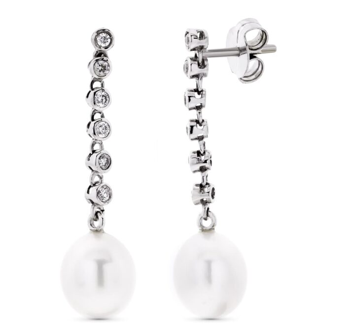 18K PENDIENTES ORO BLANCO LARGOS CON CIRCONITA Y PERLA CIERRE PRESION