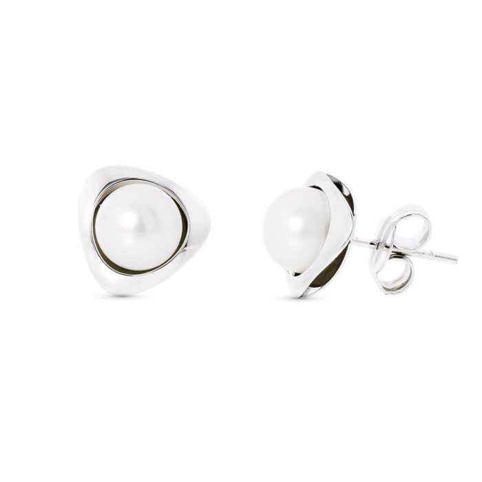 18K PENDIENTES ORO BLANCO PERLA TRIANGULO 9X9 MM CIERRE PRESION