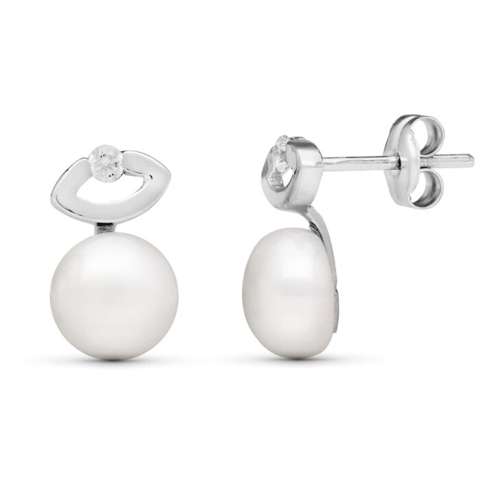 18K PENDIENTES ORO BLANCO CIRCONITA Y PERLA BOTON CULTIVADA 7 MM 12X7 MM CIERRE PRESION
