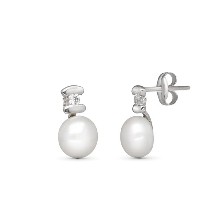 18K PENDIENTES ORO BLANCO PERLA CIRCONITA 10X6 MM CIERRE PRESION