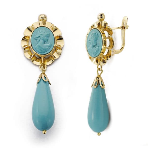 18K PENDIENTES CAMAFEO TURQUESA ORO AMARILLO  43X14 MM CIERRE CATALAN
