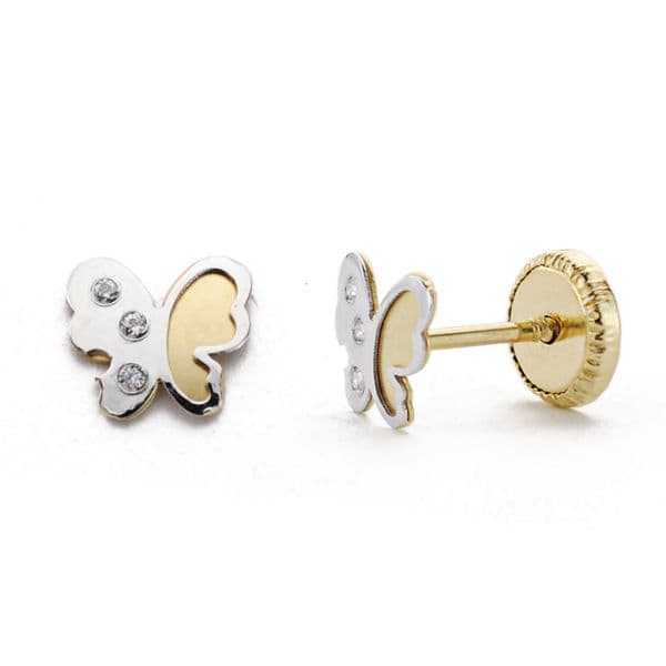 18K PENDIENTES ORO BICOLOR MARIPOSA CIRCONITA 5 MM CIERRE TUERCA