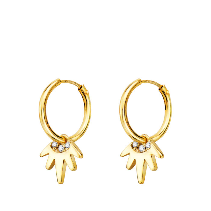 18K AROS ORO AMARILLO TUBO CON COLGANTE SOL CIRCONITA 9X8 MM ARO 12X1 MM