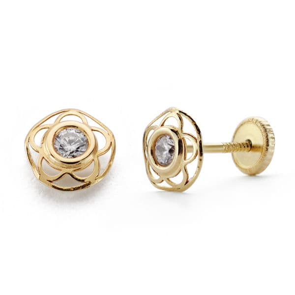 18K PENDIENTES ORO AMARILLO NIÑA FLOR CIRCONITA TUERCA