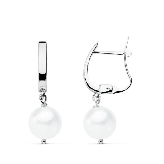 18K PENDIENTES ORO BLANCO PERLA 25X7.5 MM CIERRE CATALAN