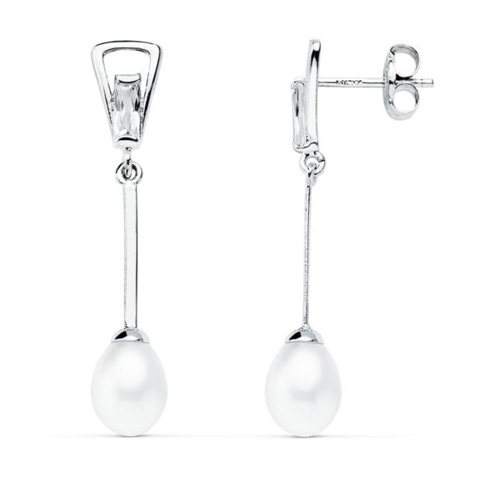 18K PENDIENTES ORO BLANCO PERLA 31X5 MM CIERRE PRESION