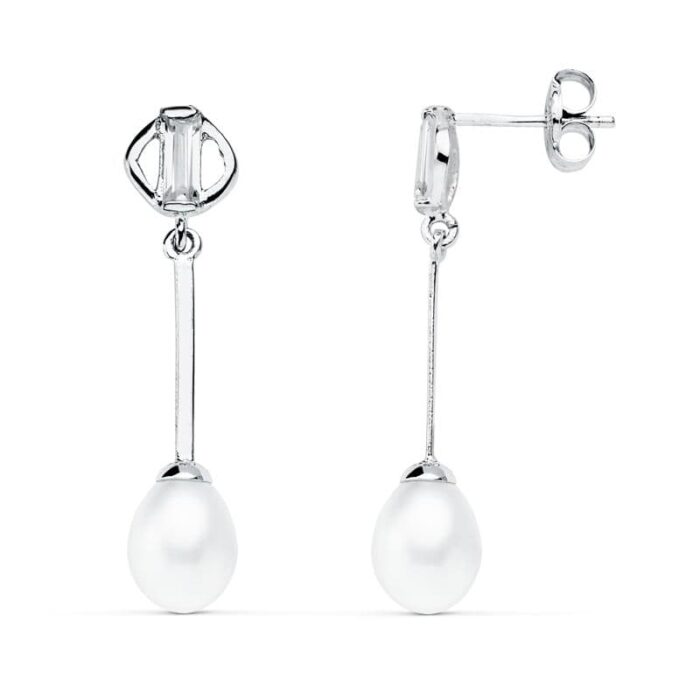 18K PENDIENTES ORO BLANCO PERLA 29X6 MM CIERRE PRESION