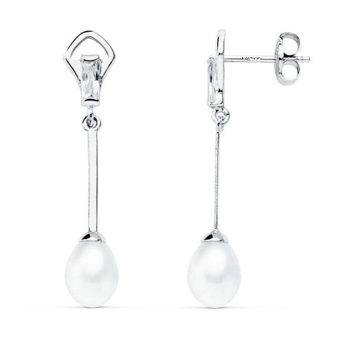 18K PENDIENTES ORO BLANCO PERLA 31X6 MM CIERRE PRESION