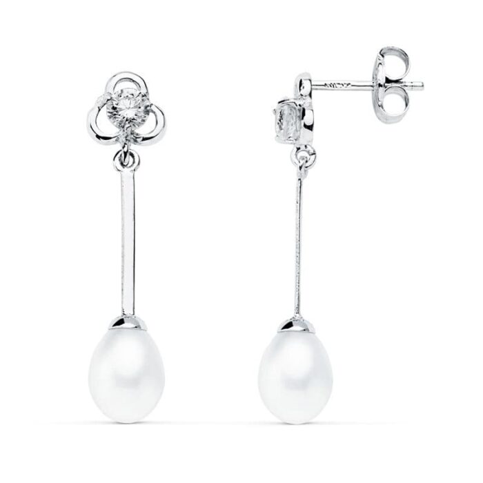 18K PENDIENTES LARGOS ORO BLANCO PERLA 27X6 MM CIERRE PRESION