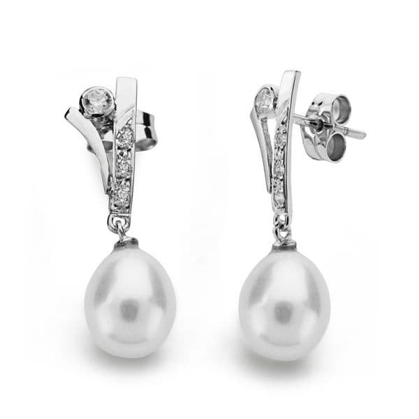 18K PENDIENTES ORO BLANCO PERLA 23X7 MM CIERRE PRESION