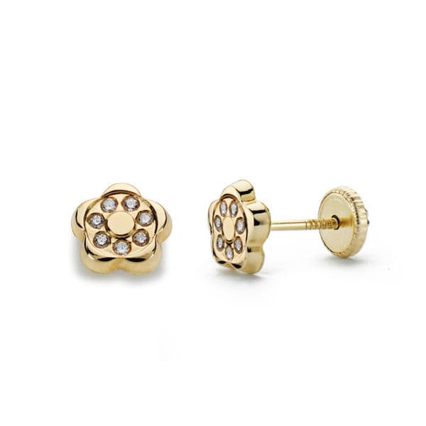18K PENDIENTES ORO AMARILLO FLOR CIRCONITA 6X6 MM CIERRE TUERCA