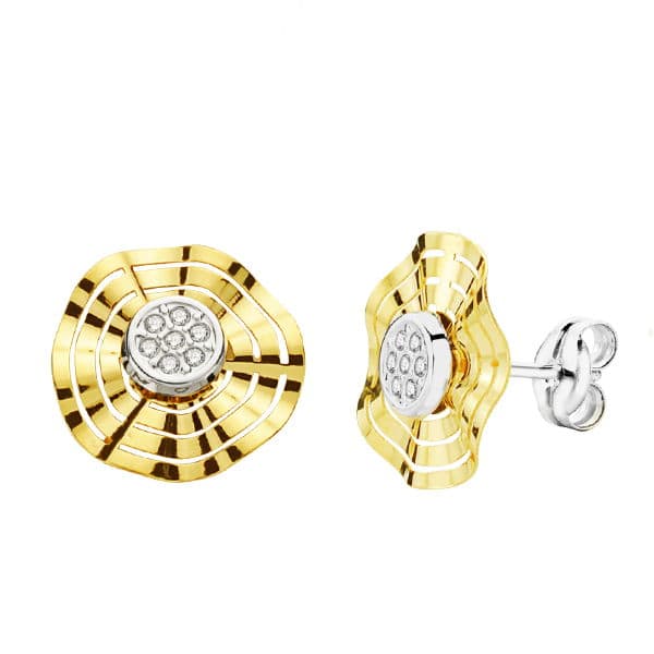 9K PENDIENTES ORO BICOLOR CALADOS CIRCONITA 10 MM CIERRE PRESION