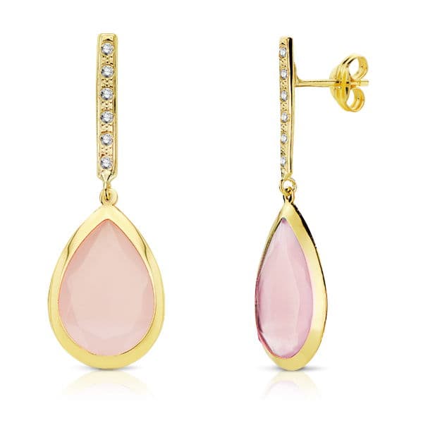 18K PENDIENTES PIEDRA ROSA 33X12 MM CIERRE PRESION