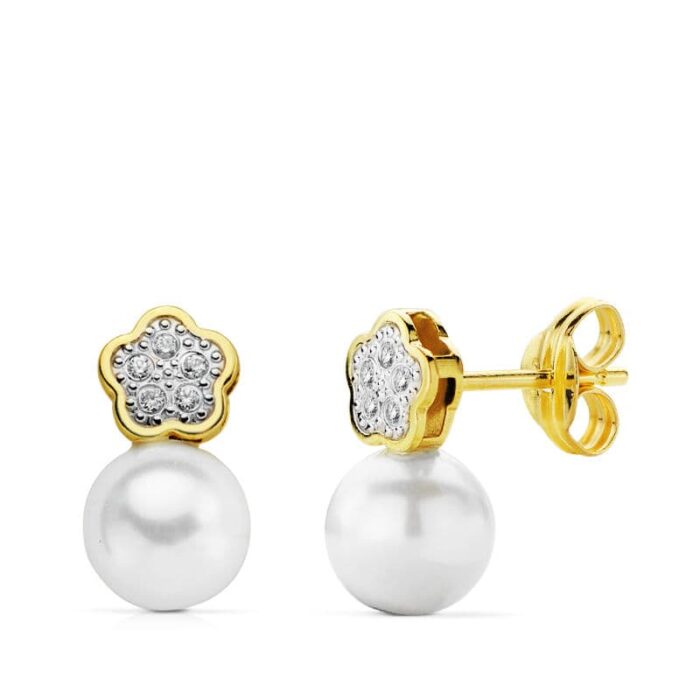 18K PENDIENTES COMUNION FLOR PERLA  ORO BICOLOR 12X6 MM CIERRE PRESION