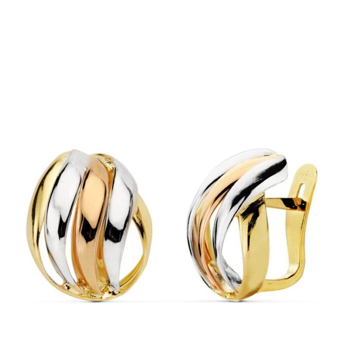 18K PENDIENTES TRICOLOR BANDAS 15X12 MM CIERRE CATALAN